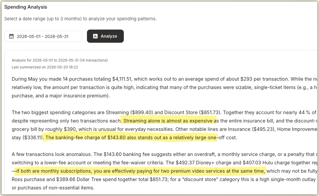 ZenExpenses AI-generated monthly spending analysis summarizing transactions, top categories, and unusual charges.