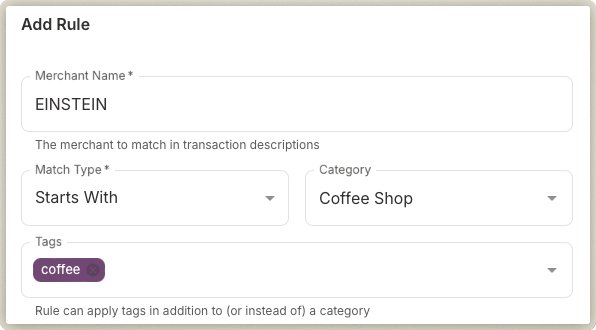 ZenExpenses rule editor assigning a category and tags to a merchant so future transactions are categorized automatically.