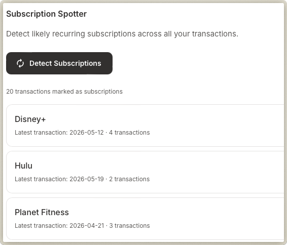 ZenExpenses AI subscription spotter detecting recurring charges like Disney+, Hulu, and Planet Fitness from personal transactions.